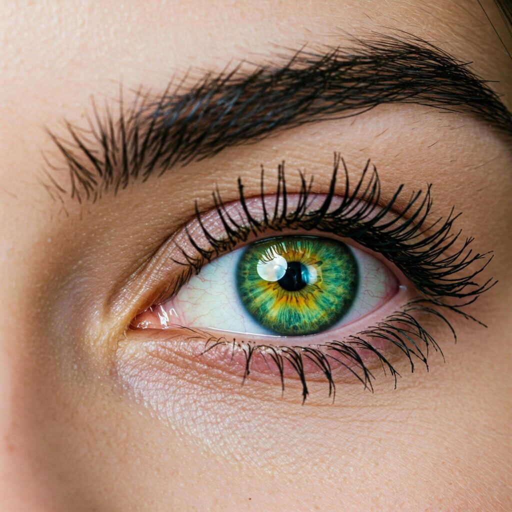 An artistic close-up of a vibrant green eye with lush eyelashes offering a mesmerizing gaze.